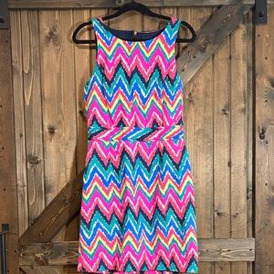 Vibrant Chevron Sleeveless Dress in Pink, Teal & Yellow